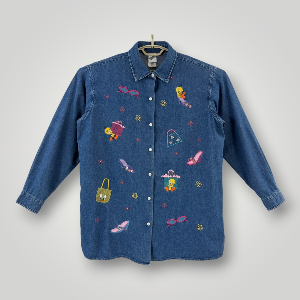 Vintage 2000 Warner Bros Studio Store Tweety Bird Denim Shirt Womens Large L
